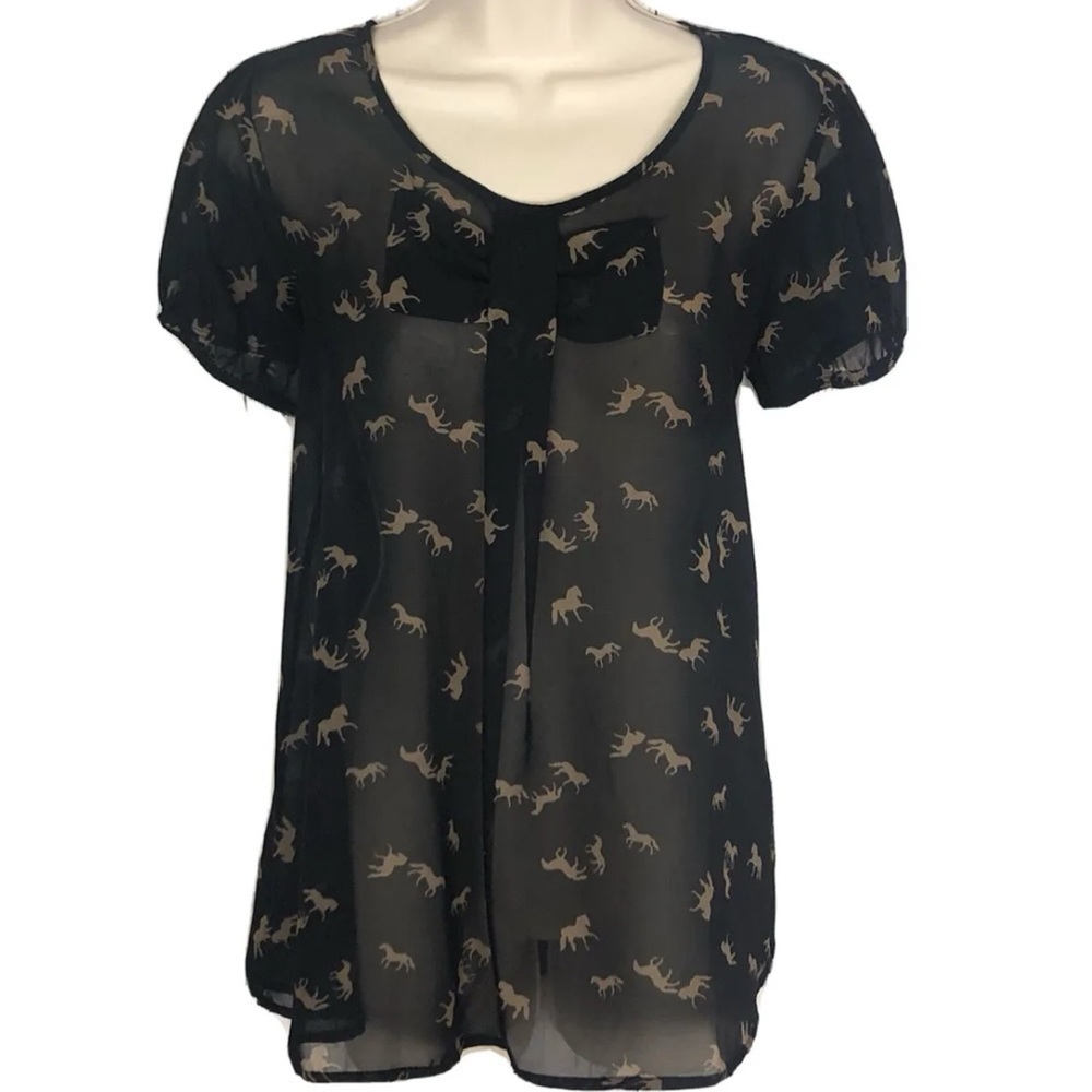Lavish pony horse scoop neck sheer black maternity top blou…